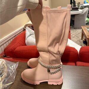 Blush Pink Mid-Calf Boots with Chain Accent
